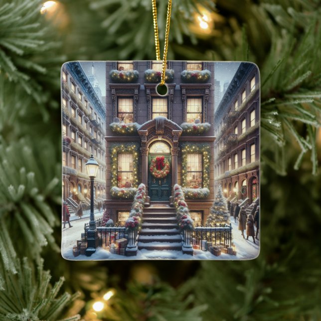 City Brownstone at Christmas  Ceramic Ornament (Tree)