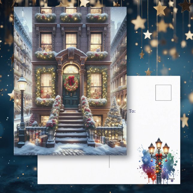 City Brownstone at Christmas Personalized Holiday Postcard (Creator Uploaded)