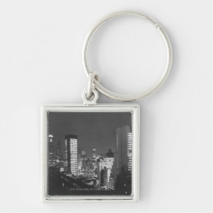 City buildings at night B&W, elevated view Keychain