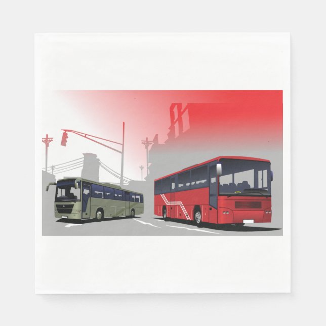 City Buses Red Green Coaches on Urban Street Napkins (Front)