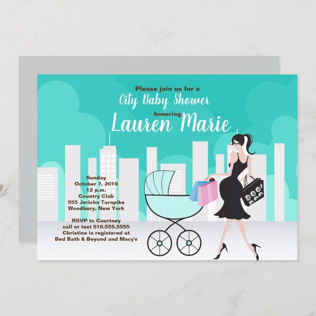 City Carriage Neutral Pregnant mom Baby Shower Invitation (Front/Back)