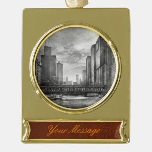 City - Chicago, IL - Looking toward the future BW Gold Plated Banner Ornament