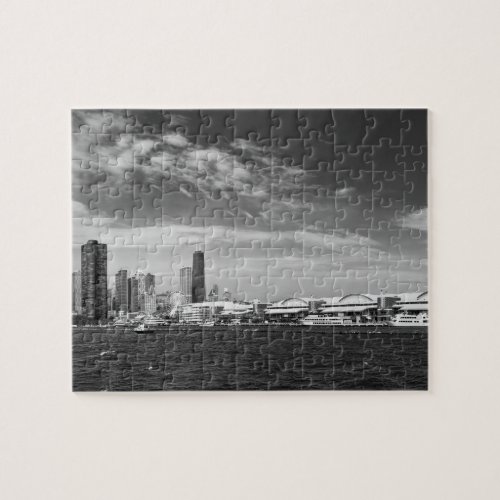 City _ Chicago Skyline  The Navy Pier BW Jigsaw Puzzle