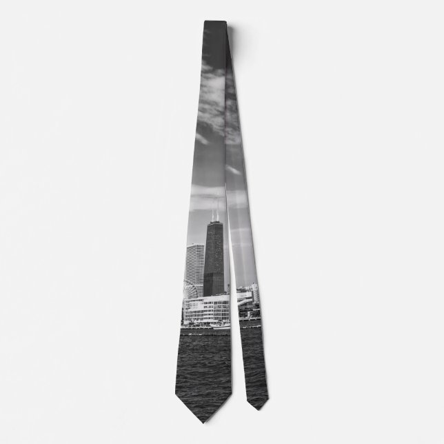 City - Chicago Skyline & The Navy Pier BW Neck Tie (Front)