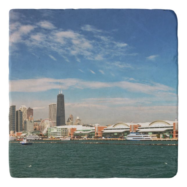 City -  Chicago Skyline & The Navy Pier Trivet (Front)