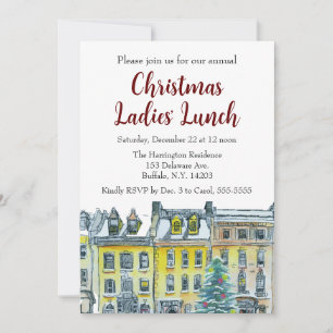City Christmas Gold White Hand-Drawn Brownstones Invitation