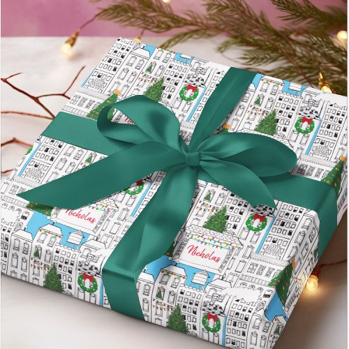 City Christmas Hand_Drawn Personalized Cityscape Wrapping Paper