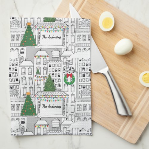 City Christmas Personalized Hand_Drawn Whimsical Kitchen Towel