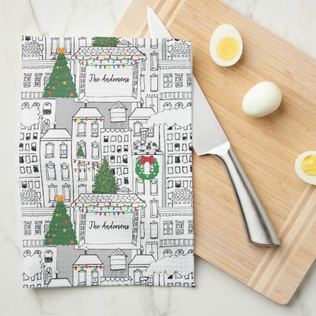 City Christmas Personalized Hand-Drawn Whimsical Kitchen Towel (Quarter Fold)