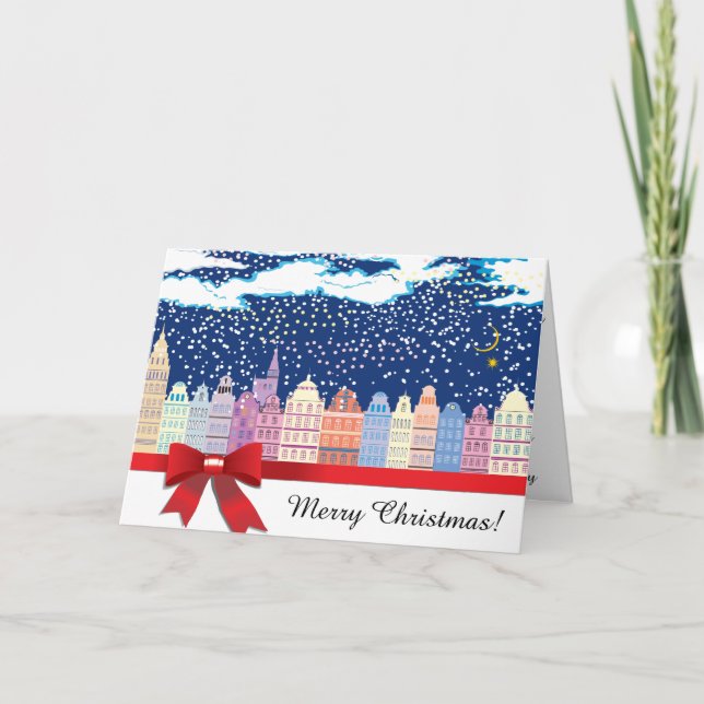 City Christmas with Red Bow   PERSONALIZED Holiday Card (Front)