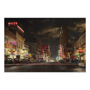 City - Dallas TX - Elm street at night 1941 Poster
