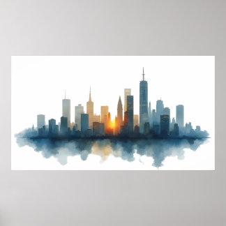 City drawing watercolor art poster