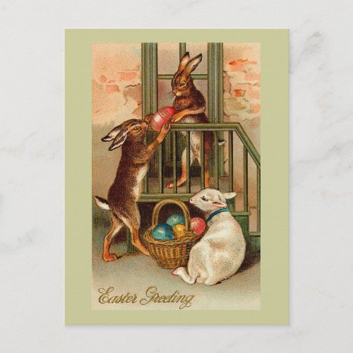 City Easter Bunnies With Lamb Vintage Holiday Postcard