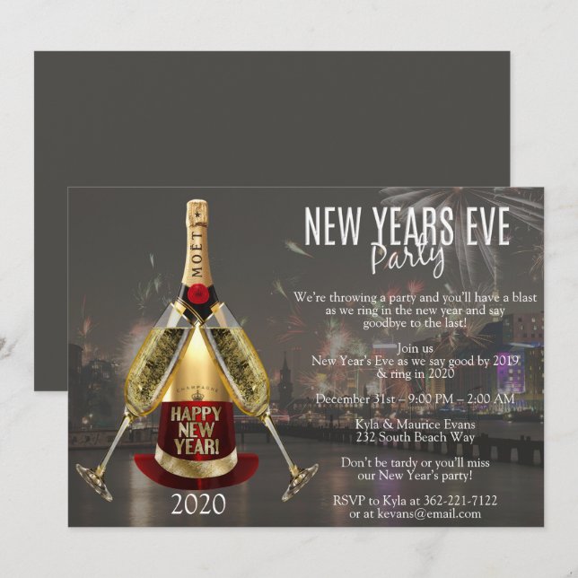 City Fire Works Elegant New Years Eve Party Invitation (Front/Back)