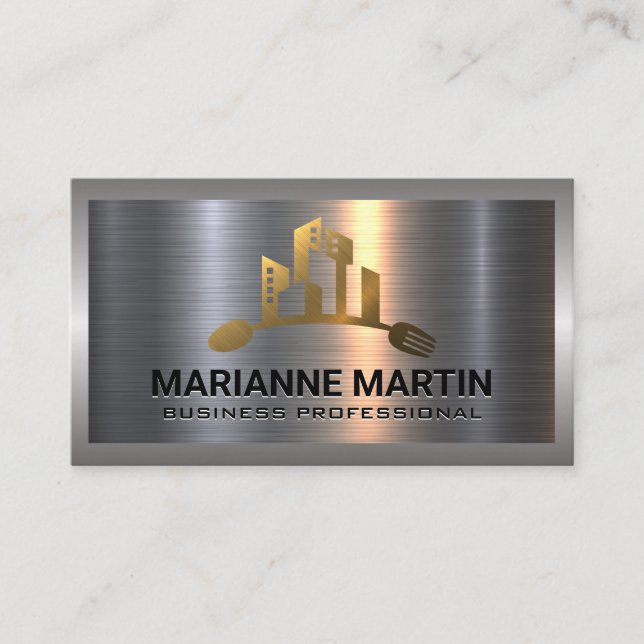 City Fork Spoon Logo | Metal Aluminum Silver Business Card (Front)