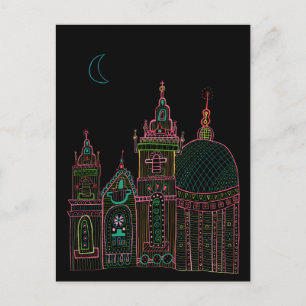 City Glow Bright Neon on Black Postcard