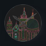 City Glow Bright Neon on Black  Round Clock<br><div class="desc">Enjoy this whimsical city drawing on this colorful clock.
 
 You can always add your own text. Let me know if you'd like something custom made. 
 
 If you buy it,  thank you! Be sure to share a pic on Instagram of it in action and tag me @shoshannahscribbles :)</div>