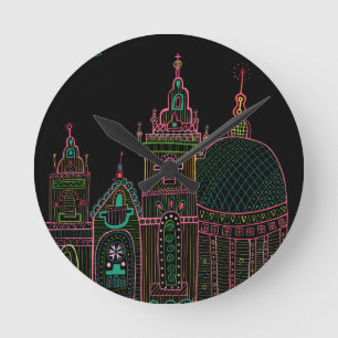 City Glow Bright Neon on Black  Round Clock