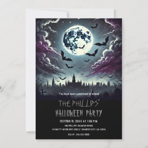 City Graveyard Bats in Moonlight Halloween Party Invitation