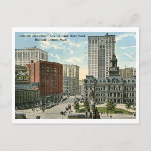 City Hall Square Detroit MI 1915 Vintage Postcard
