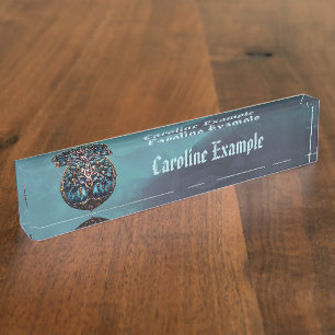 City in the shadow of the luxurious tree of life. desk name plate