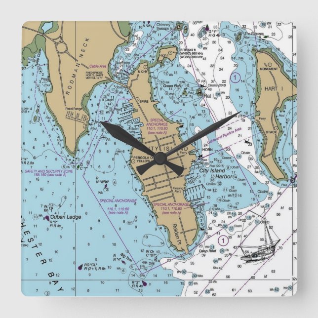 City Island Bronx NY Chart Square Wall Clock (Front)