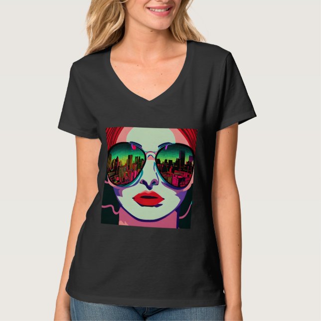 City Lady in Sunglasses Unique Colorful Art T-Shirt (Front)