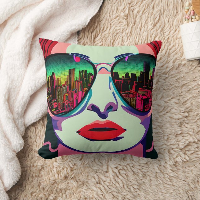 City Lady in Sunglasses Unique Colorful Art Throw Pillow (Blanket)