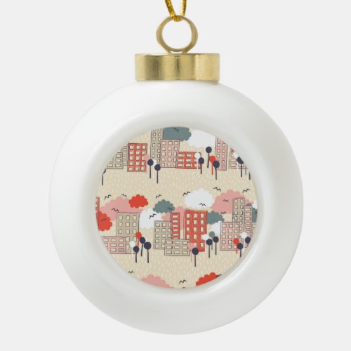 City Life Seamless Pattern Ceramic Ball Christmas Ornament