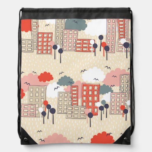 City Life Seamless Pattern Drawstring Bag
