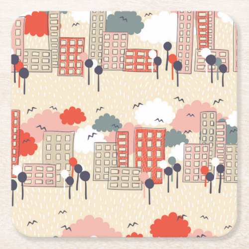 City Life Seamless Pattern Square Paper Coaster