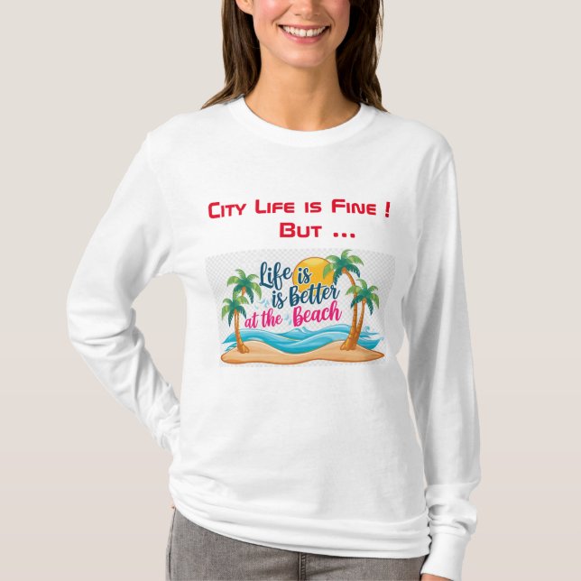 City Life Vs Beach Life Black T-Shirt  (Front)