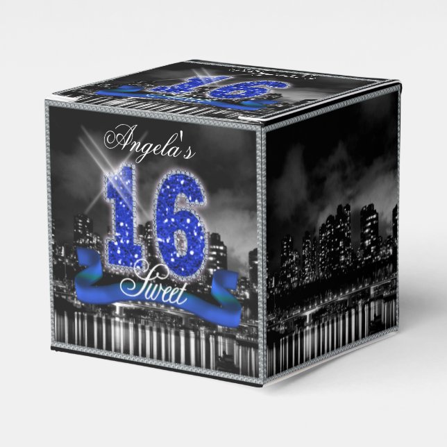 City Lights Sweet Sixteen Blue ID118 Favor Boxes (Front Side)