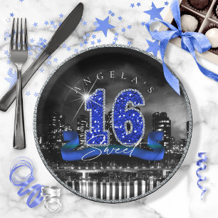City Lights Sweet Sixteen Blue ID118 Paper Plates