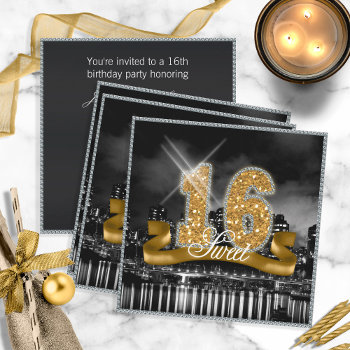 City Lights Sweet Sixteen Gold Id243 Invitation by arrayforcards at Zazzle