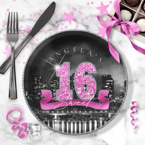 City Lights Sweet Sixteen Pink ID117 Paper Plates