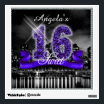 City Lights Sweet Sixteen Purple ID119 Wall Sticker<br><div class="desc">This classy wall decal design features a giant,  purple faux-glitter '16' and ribbon over a black and white photograph of a bright city skyline reflected on water. Add a personalized name using the provided template. Search ID119 to see other products with this design.</div>