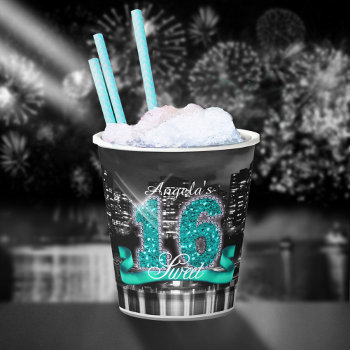 City Lights Sweet Sixteen Teal Id120 Paper Cups by arrayforhome at Zazzle