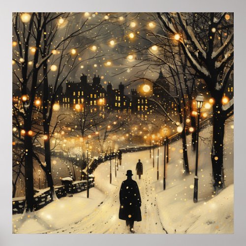 City Lights Winter Men in Black on Sidewalk  Poster