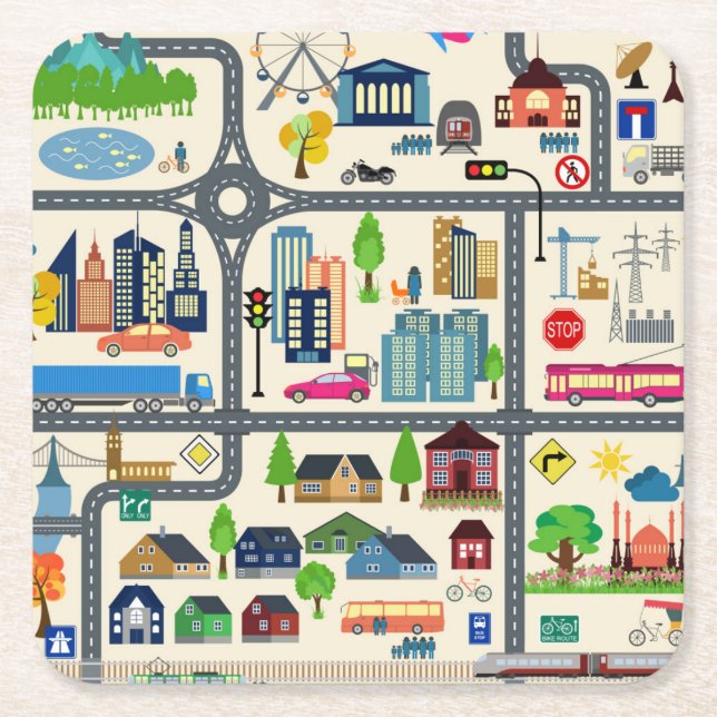 City Map Pattern Square Paper Coaster (Front)