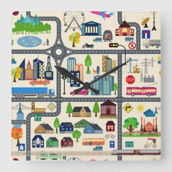 City Map Pattern Square Wall Clock by adventurebeginsnow at Zazzle