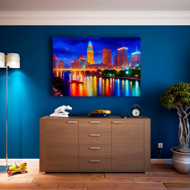 city neon river skyscraper bright colorful art canvas print (Creator Uploaded)