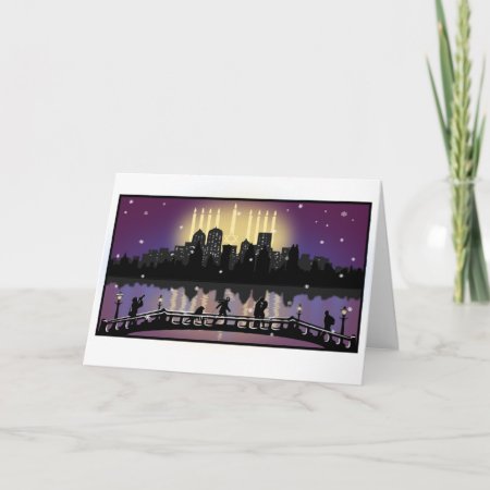 City Night Skyline Hanukkah Menorah Greeting Card