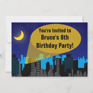 City Night Skyline Superhero Boys Birthday Party Invitation