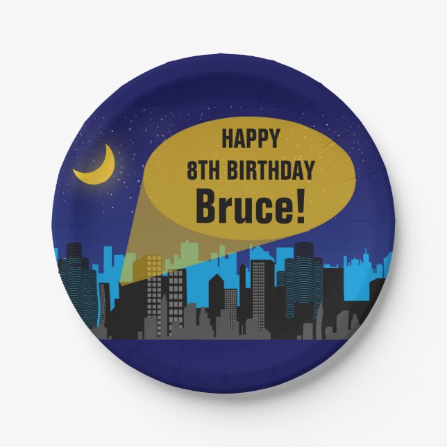 City Night Skyline Superhero Boys Birthday Party Paper Plates (Front)