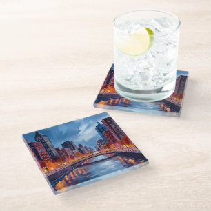 City Nights Watercolor Painting Glass Coaster