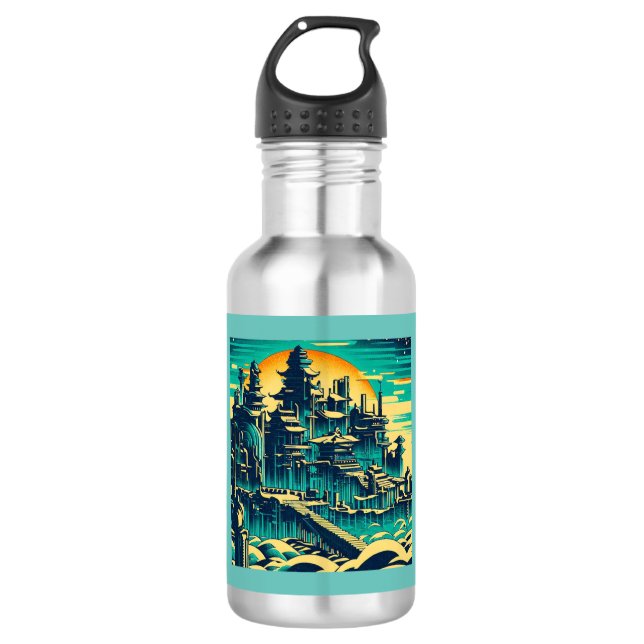City of Atlantis 1 - Woodblock Style Stainless Steel Water Bottle (Front)