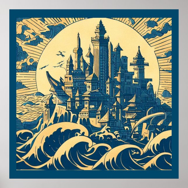 City of Atlantis 3 - Woodblock Style Poster (Front)