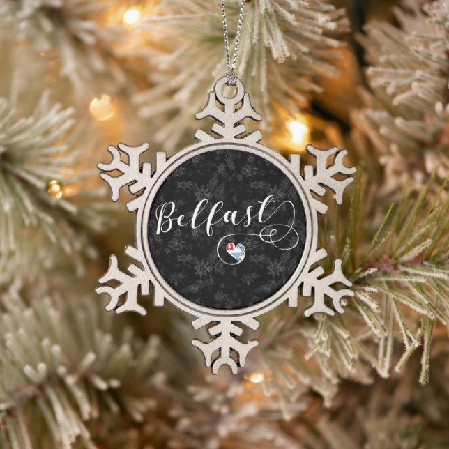 City of Belfast Flag In Heart Snowflake Pewter Christmas Ornament (Tree)