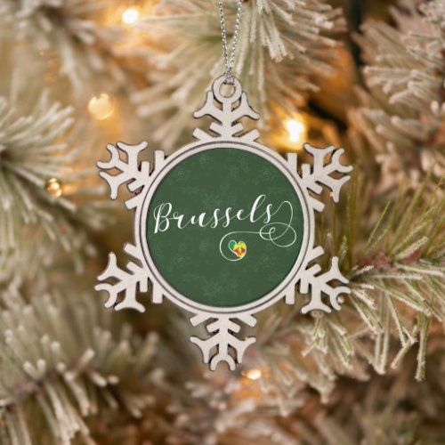 City of Brussels Flag In Heart Snowflake Pewter Christmas Ornament